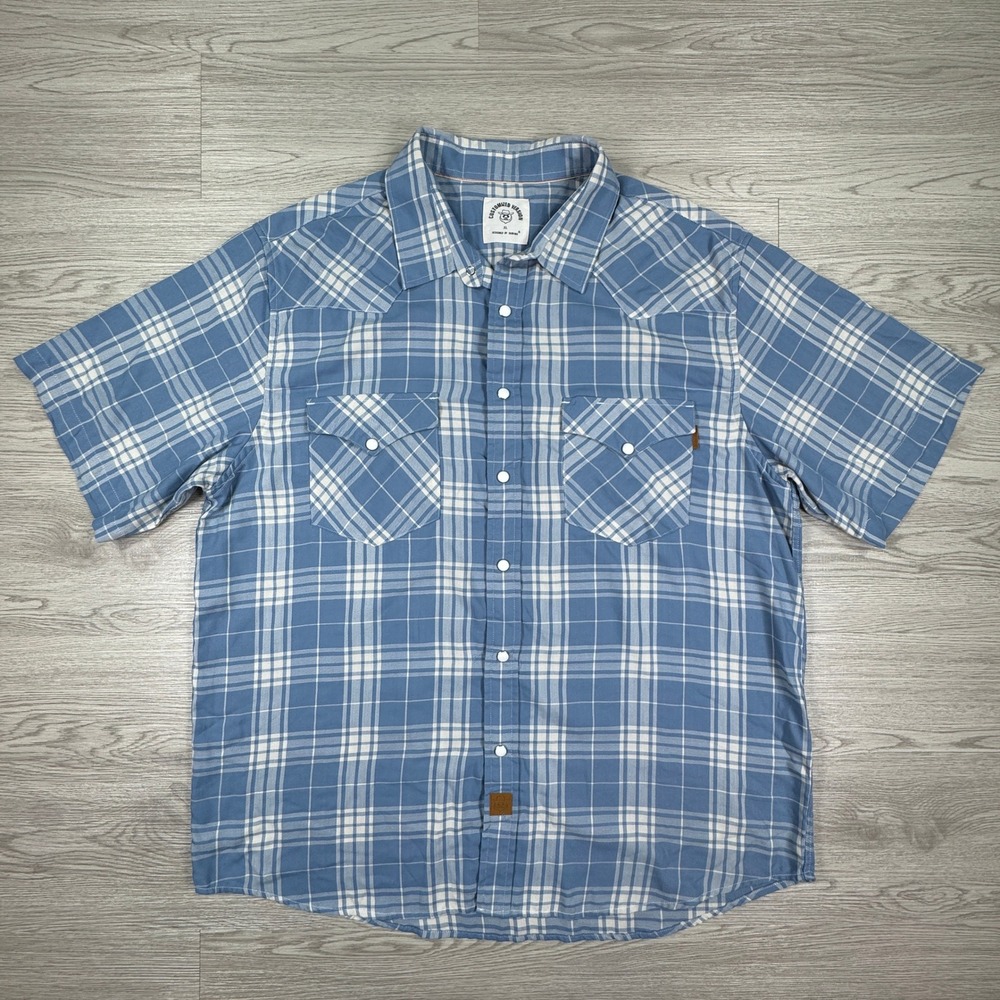 Dubinik Mens Western Shirt Short Sleeve Pearl Snap Plaid Blue XL Bamboo Blend